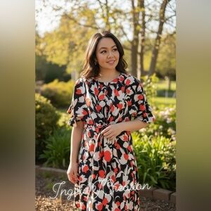 Who What Wear Black and Red Floral Midi Dress